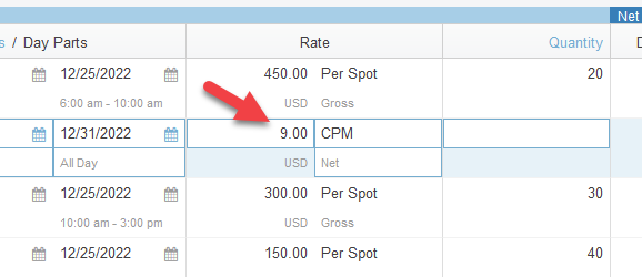 Screenshot of the line items tab in a proposal. The rate column is zoomed in, with an arrow pointing to the field that has the rate amount in it.