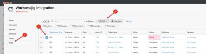 A screenshot of the Workamajig Logs admin page highlighting how to re-try an export of a bill.