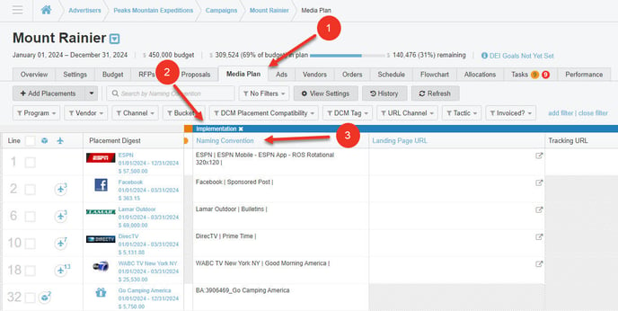 A screenshot of the media plan's implementation section.