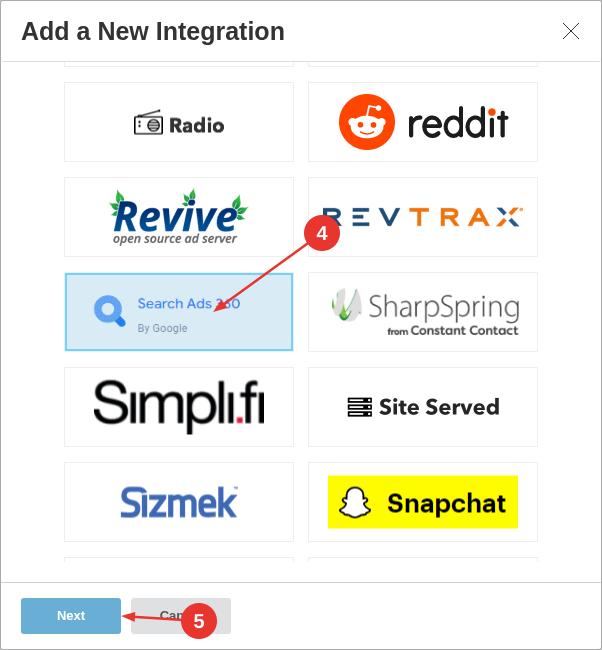 search-ads-360-step1-add-integration-annotated
