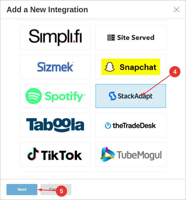 stackadapt-step1-add-integration-annotated
