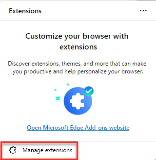 Screenshot of Extensions screen on Edge browser. Manage Extensions in the bottom left is highlighted.