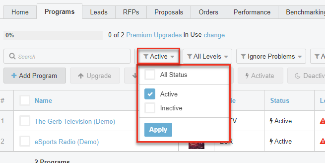 Screenshot of Programs tab zoomed in on filters, with Active status filter selected and highlighted.