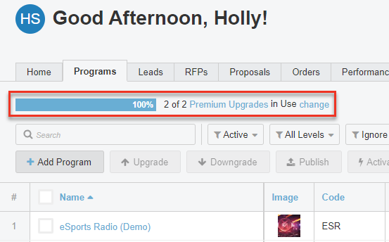 Screenshot of Programs tab with a bar at the top of the page stating number of Premium Upgrades left highlighted.