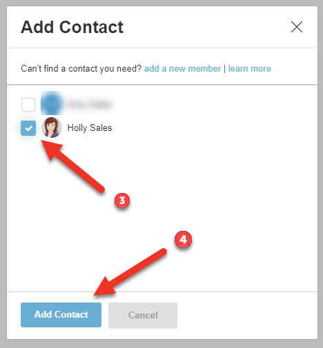 Screenshot of the "Add Contact" dialog in a program. A user has been selected, and an arrow is pointing to the "Add Contact" button