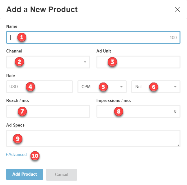 Screenshot of Add a New Product screen. There is a number in each field that corresponds with the list below this screenshot.
