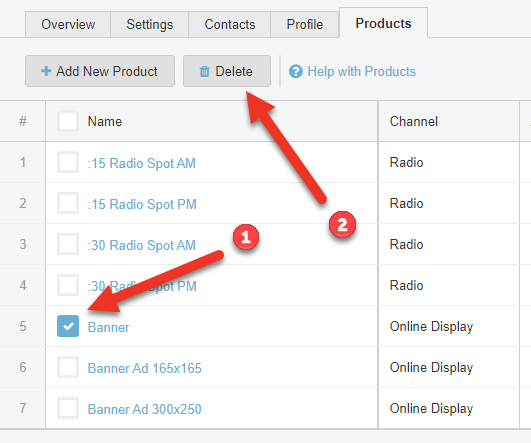 Screenshot of Product tab. There is a checkmark in a box next to a product. The "Delete" button is highlighted, indicating one can delete this product.