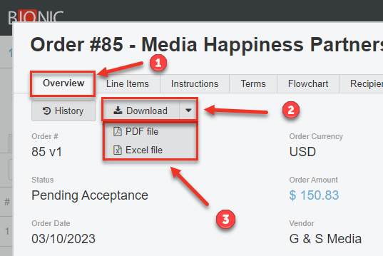 Screenshot of Overview tab. Download button has been expanded. There are 2 options, PDF File, and Excel File. These options have been highlighted.