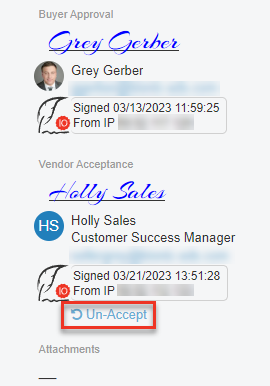 Screenshot of overview tab in an order, zoomed in on the acceptance timestamp. "Un-Accept" is highlighted.