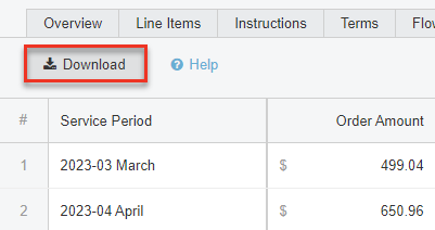 Screenshot of Finance tab in an Order. A Download button has been highlighted.