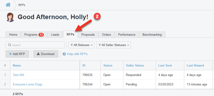 Screenshot of the RFP tab being pointed to in the Dashboard.