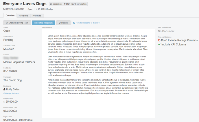 Screenshot of the Overview tab inside of an RFP