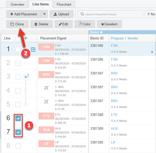 Screenshot of Line Items tab. 2 lines have been selected and the clone button is being pointed to.