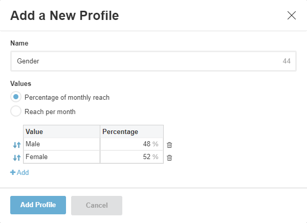 Screenshot of "Add a New Profile" dialog box showing different fields to fill in.