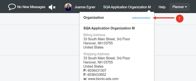 screenshot of top nav to access administration