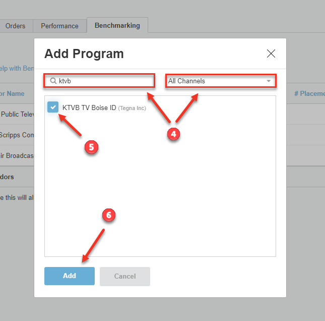 Screenshot of the Benchmarking tab. The "Add Program" prompt is shown. Arrows are pointing to the search, filter, and "add" button.