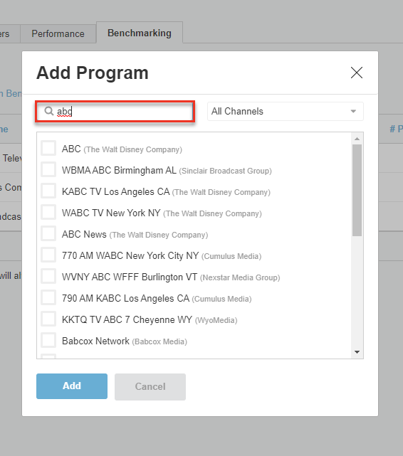 Screenshot of the Benchmarking tab. The "Add Program" prompt is shown, with the search bar highlighted.