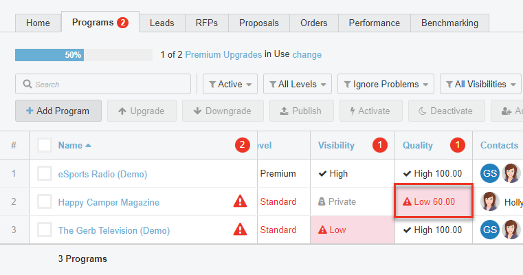 Screenshot of Programs Tab. Zoomed in on Quality column. There are 3 rows. Top is High with a score of 100. Middle row is Low with a score of 60, this field is highlighted red. The bottom row is High, with a score of 100.