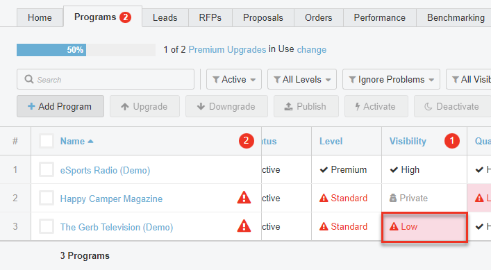 Screenshot of column in Programs titled Visibility. The 2nd row in the column is marked red and says Low.