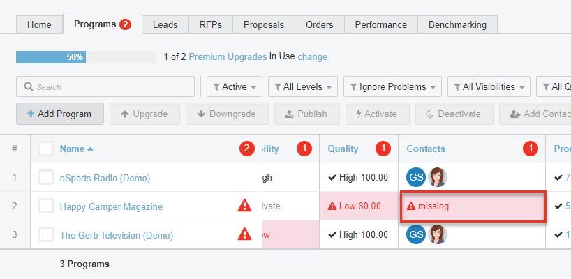 Screenshot of Programs tab. Zoomed in on Contacts column. 3 rows have contacts. 1 row says 'Missing' and is highlighted in red.