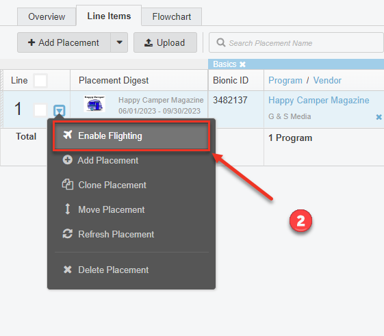 Screenshot of Line items tab. A menu has been opened, with "Enable Flighting" being pointed to.