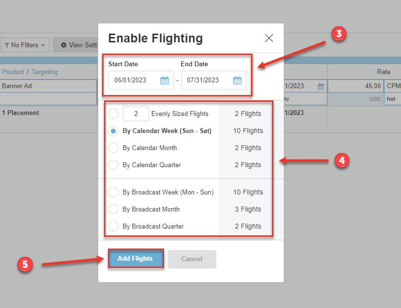Screenshot of the dialog box that opens when you choose "Enable Flighting". The start/end date are highlighted, as well as the configuration of the flights.