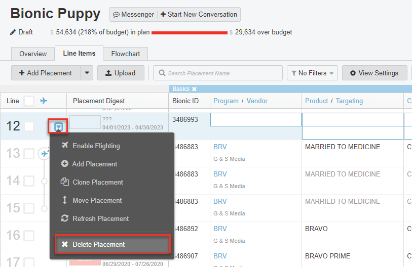 Screenshot of Line Items tab. An arrow next to Line 1 has been clicked. The line items menu has popped up. "Delete Placement" has been highlighted.