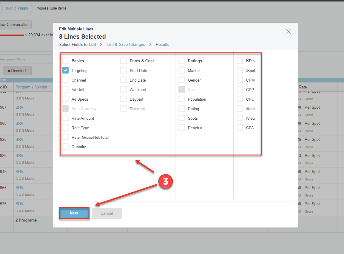 Screenshot of the "Edit Multiple Lines" dialog box with the different fields you can edit highlighted, as well as the "Next" button.