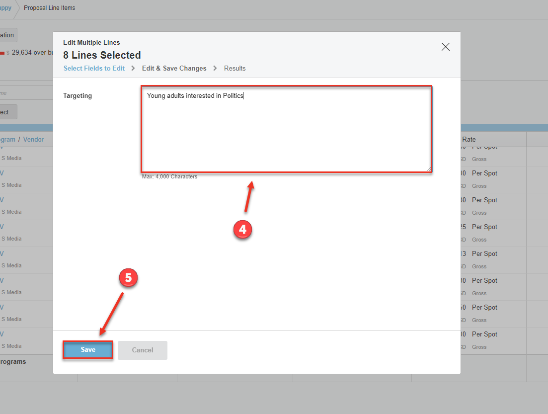 Screenshot of the "Edit Multiple Lines" dialog box. The field I have chose to edit is shown, with edits now made. This has been highlighted. The "Save" button is being pointed to as the last step.