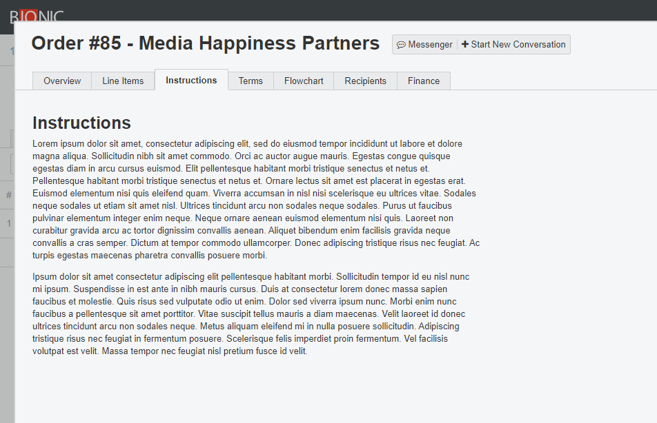 Screenshot of the Instructions tab inside of an order. Instructions from media buyer are shown.