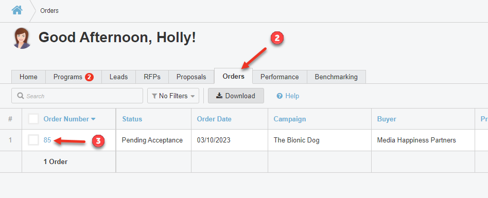 Screenshot of the "Orders" tab in Bionic for Ad Sales. The Orders Tab and an Order Number are being pointed to.