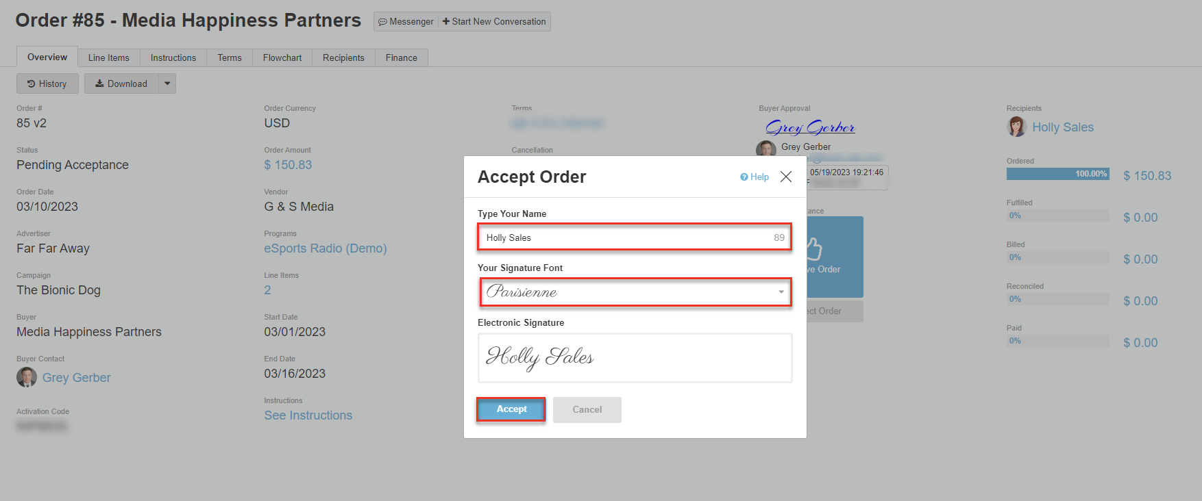Screenshot of the "Accept Order" dialog box that appears after pressing "Approve Order". The different forms to fill out are highlighted. 