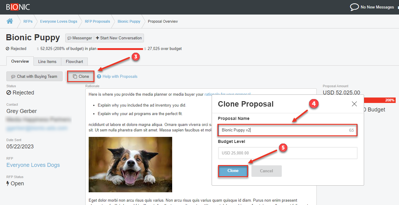 Screenshot of a Proposal that has been rejected. The "Clone" button has been highlighted. As it has been pushed, a dialog has popped up asking for a new name.