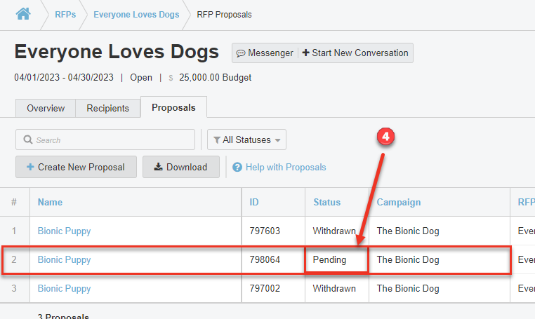 Screenshot of the Proposals tab of an RFP. The "Pending" status is highlighted.