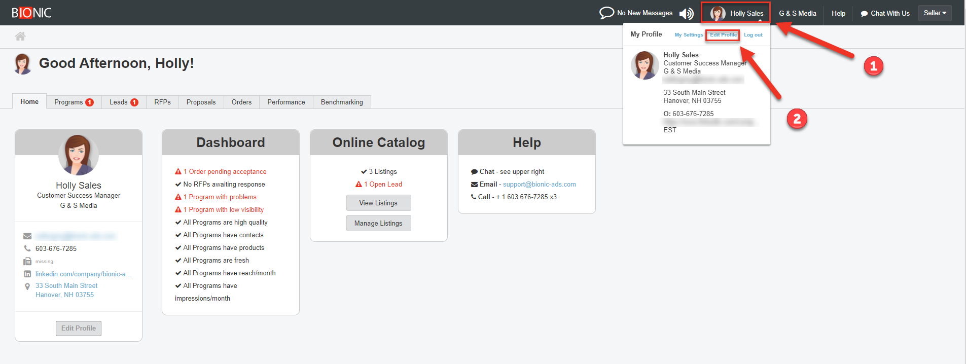 Screenshot of the dashboard of Bionic for Ad Sales. Arrows are pointing to the user's name, as well as the "Edit Profile" button.