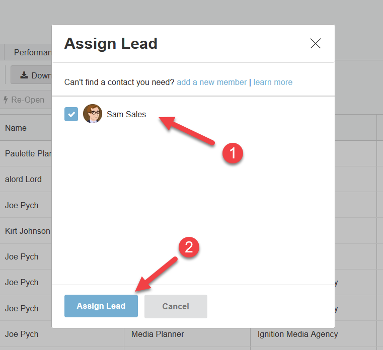 Screenshot of the "Assign Lead" dialog window. There is 1 arrow pointing to a user that can be selected, and another arrow pointing to the "Assign Lead" button.