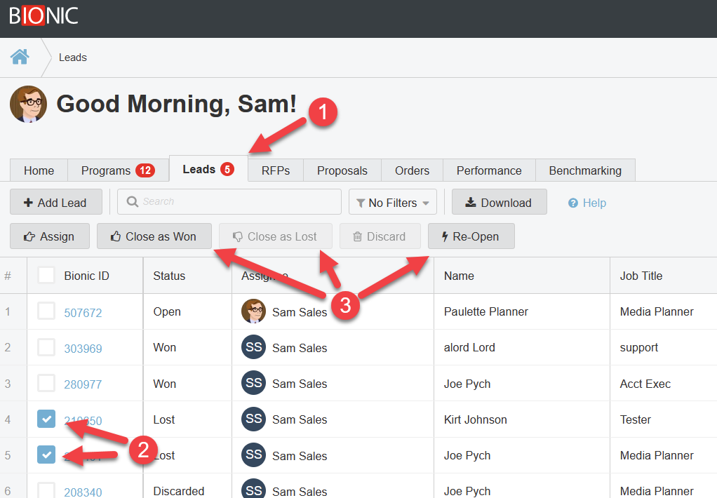 Screenshot of Leads tab. Arrows are pointing to where you select leads, and the buttons used to Re-Open, Close as Lost, and Close as Won.