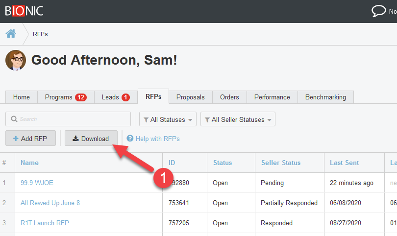 Screenshot of RFP tab. "Download" button is being pointed to