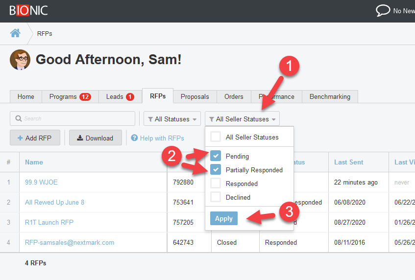 Screenshot of RFP tab. "All Seller Statuses" has been clicked. Dropdown options are shown.