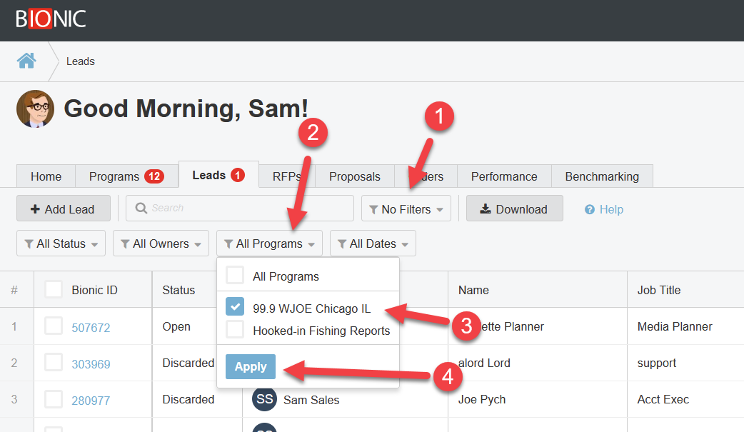 Screenshot of the Leads tab. There is an arrow pointing to the filters option, All Programs drop-down, the different programs in the drop down, and the Apply button.
