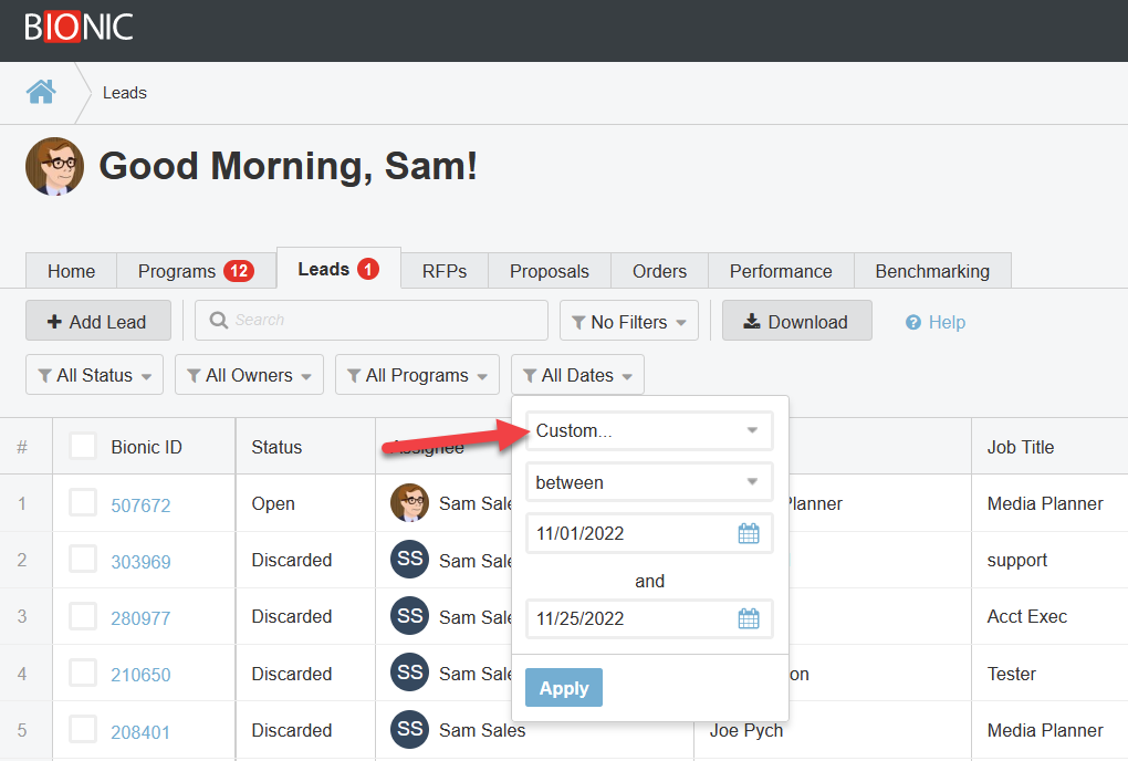 Screenshot of the Leads tab. There is an arrow pointing to the "Custom" button inside of the "All Dates" drop-down.