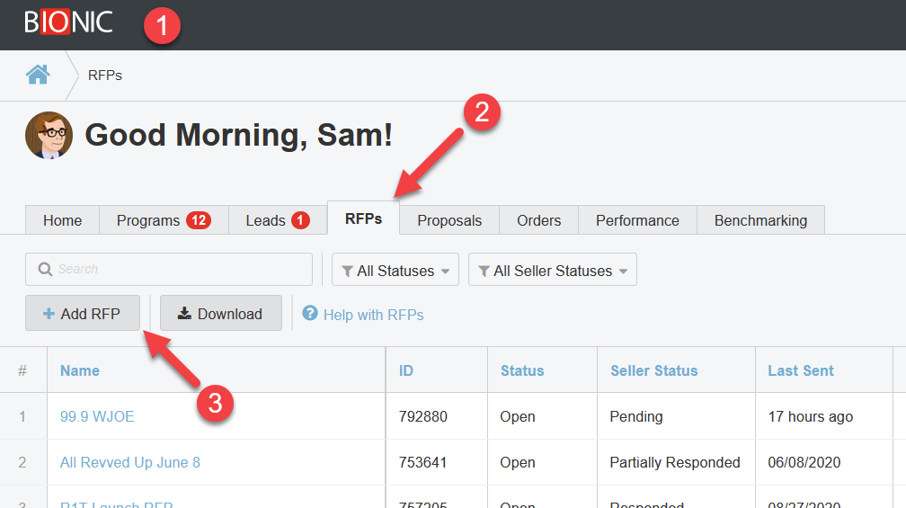 Screenshot of RFP tab in main dashboard. "Add RFP" button is being pointed to.