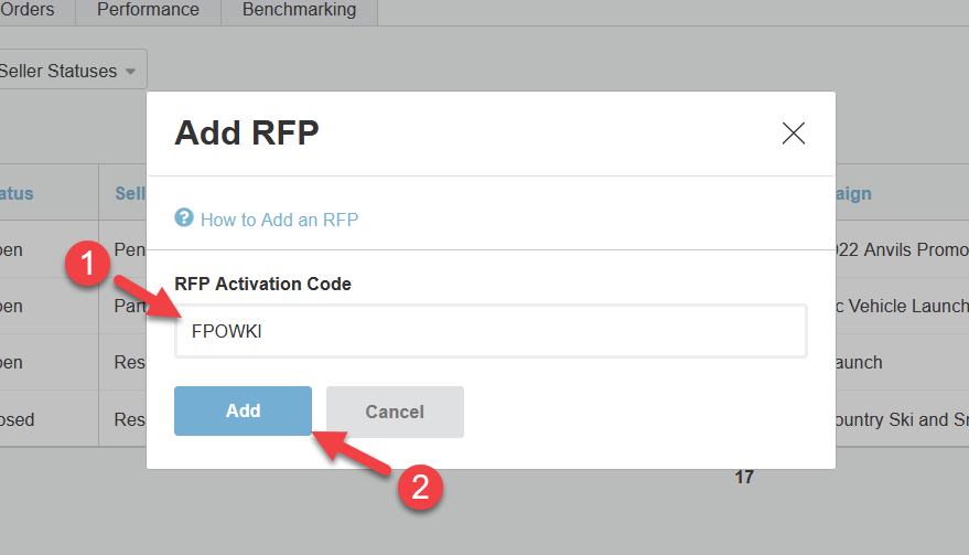 Screenshot of "Add RFP" dialog box. An arrow is pointing to the Activation Code entry field, and another arrow pointing to "add."