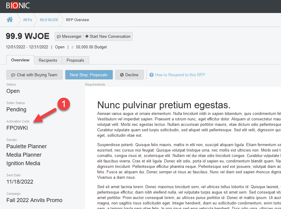 Screenshot of the Overview tab in an RFP. The Activation Code is being pointed to.