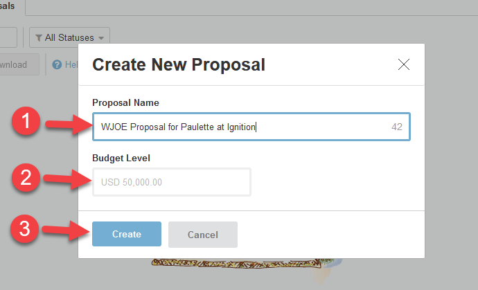 Screenshot of the pop-up allowing a user to create a new proposal. Arrows with numbers point to the fields correlating with the steps listed above.