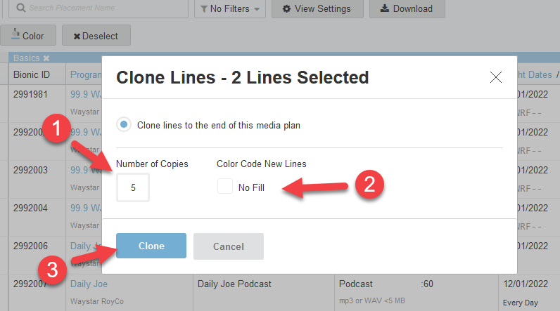 Screenshot of the "Clone" pop-up dialog box. Numbers corresponding to the list above are pointing to the different options to choose.