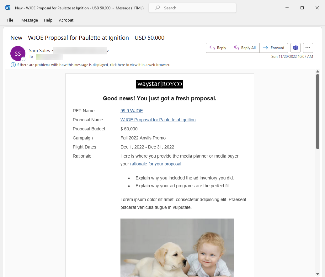 Screenshot of the email a media buyer would see when a Proposal is sent.