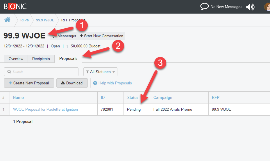 Screenshot of the Proposals tab in an RFP. Numbered arrows correlate with the list above this image.