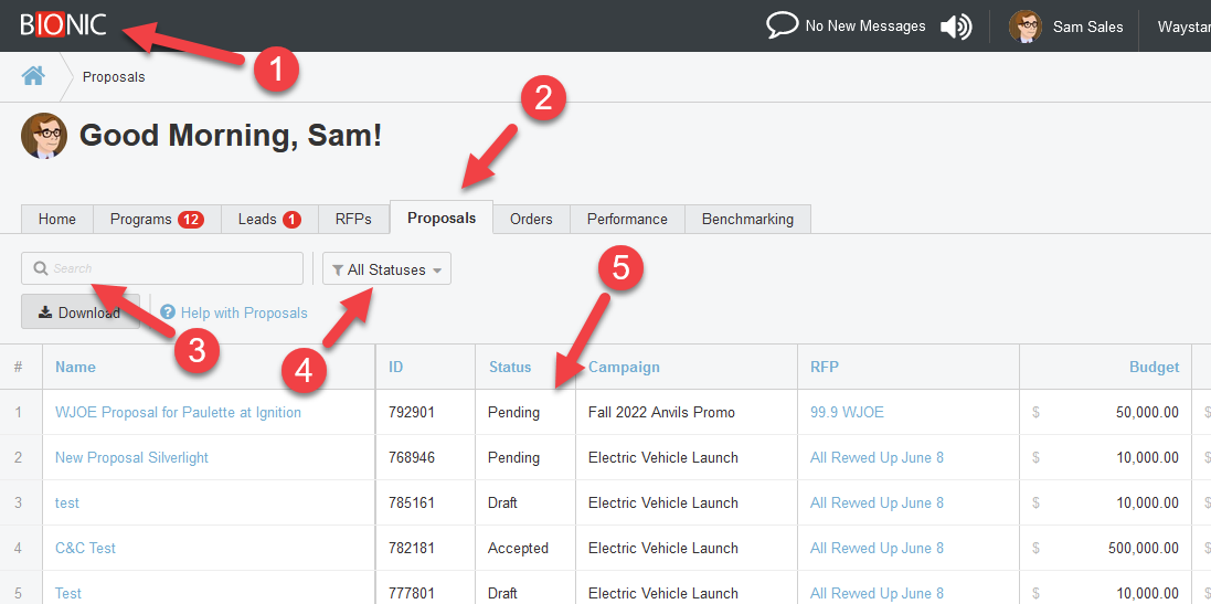 Screenshot of the Proposals tab. Arrows are pointing to the different button described above this image.