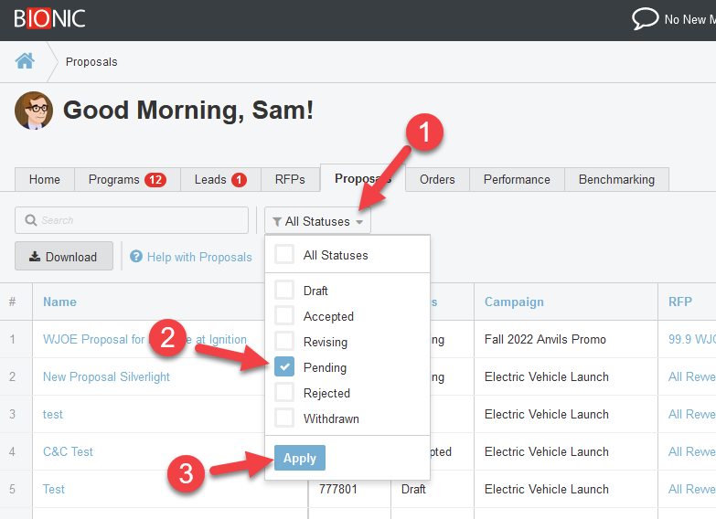 Screenshot of the Proposals tab. The "Status" dropdown menu has been expanded, showing different options to filter by.